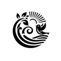 A Stylized Black and White Emblem Featuring a Bird in Flight with a Wave, Branch, and Sun, Embodying Peace and Tranquility. vector