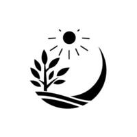 Minimalist emblem a young tree, sun, and crescent moon in black, representing growth, nature, and the passage of time. vector