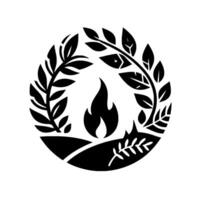 Circular minimalist emblem with a central flame, encircled by laurel branches and stylized foliage, representing growth and energy on a simple landscape. vector