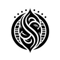 Intricate black and white tribal featuring swirling patterns within an oval, adorned with dotted accents, evoking a sense of balance. vector