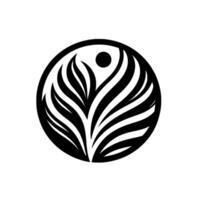 Abstract Black White Circular A Botanical Illustration with Leaflike Elements Radiating from a Central Core and a Floating Dot. vector