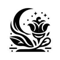 Stylized Floral and Celestial Motif A monochrome illustration featuring a blossoming flower , a crescent moon, and a scattering of stars and dots against a clean white backdrop. vector