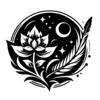 Celestial Lotus and Feather Silhouette in a Night Sky Circle Black and White Aesthetic with Stars and Moon Elements. vector