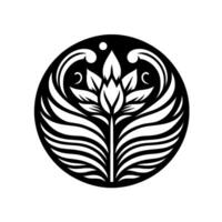 Monochromatic Circular Emblem A stylized floral featuring a central blossom and radiating, layered leaf structures within a black circle. vector