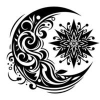 Intricate black and white celestial featuring a stylized crescent moon intertwined with swirling patterns and a starlike geometric motif. vector