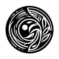 A symmetrical black and white artistic emblem, featuring stylized foliage, nested spirals, and a central sun or moon element, framed within a circle. vector