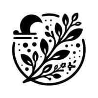 A minimalist black and white illustration featuring a stylized crescent moon, floral elements, and scattered dots, all contained within a circular frame. vector