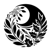 resumen negro y blanco ilustración de un estilizado creciente Luna conjunto con floral y hoja motivos formando un circular elemento en blanco antecedentes. vector