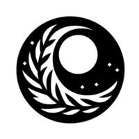 A stark black and white circular emblem, featuring a crescent moon encircling a sun, adorned by a stylized leaf branch and sparkling stars. vector