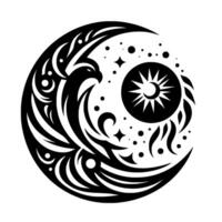 A stylized black and white celestial emblem featuring an eagle within a crescent moon, a sunburst, stars, and cosmic motifs, creating a harmonious balance. vector