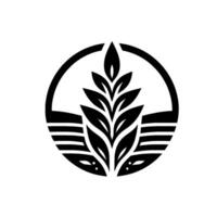 A symmetrical, minimalist black and white featuring a stylized plant, leaves, and horizontal lines within a circular frame. vector