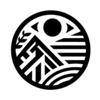 A Minimalist Black and White Emblem Depicting Mountains, Fields, and a Celestial SunMoon within a Circular Frame. vector
