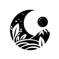 Black and white natureinspired featuring a crescent moon with stars, plants, a full moon, and mountain range, all enclosed in a circular . vector