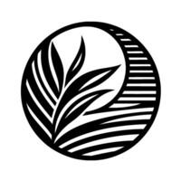 Monochromatic Circular Botanical Stylized leaves and striped crescent form a balanced composition within a bold black and white aesthetic. vector