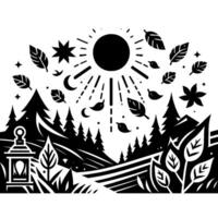 Stylized Black White Forest Scene with Sunburst, Foliage, Trees, Mountains, Lantern, and Starry Sky. vector