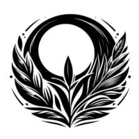 Black and White Floral Emblem A symmetrical with stylized leaves and an open circle, evoking nature and elegance. vector