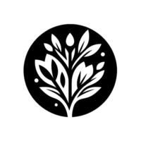 Elegant Black and White Floral Illustration A stylized symmetrical botanical featuring stylized leaves and blossoms within a circular frame. vector