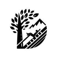 A stylized black and white depicts a serene scene with a tree, mountain, and figure relaxing on a slope within a curved frame. vector