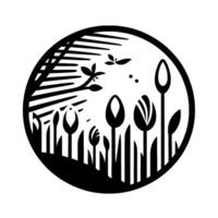 Black and White Illustration Abstract floral scene within a circular frame, featuring stylized tulips, blades of grass, leaves, and a branch, evoking a minimalist and serene mood. vector