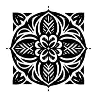 Intricate black and white symmetrical floral mandala with repeating patterns, geometric shapes, and a minimalist aesthetic. vector