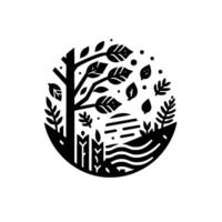 A serene, black and white circular , depicting a tree, foliage, and a stylized landscape of sun and water. vector