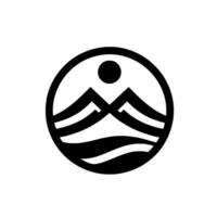 Minimalist black and white circular depicting a mountain range, sun, and water, suggesting nature and serenity. vector