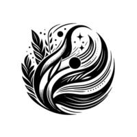 YinYang Symbol in Black and White featuring stylized leaves, flowing lines, stars, and dots arranged in a harmonious circular composition. vector