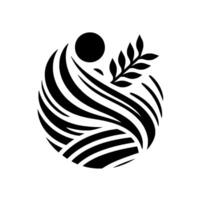 Abstract Black and White of a stylized Earth encompassed by wavy lines, a sun, and a sprig of leaves. vector