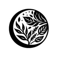 Stylized Black and White Botanical Circle with Leaves, Branches, and Stars, Evoking Nature and Simplicity. vector