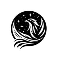 Celestial Phoenix A stylized black and white emblem of a bird within a circular frame against a starry night sky backdrop, symbolizing rebirth. vector