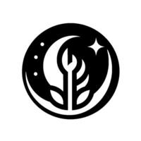 A stylized, circular emblem featuring a central plantlike form, cradled by crescent moons and stars, rendered in contrasting black and white, symbolizing growth. vector