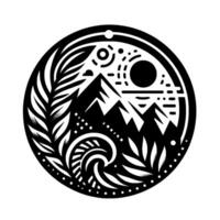 Black and White Round Nature Mountains, Sun, Ocean, and Plants in a Decorative Stylized Circle on White Background. vector
