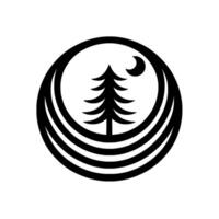 Minimalist Black White Pine Tree Under a Crescent Moon, Enclosed Within Concentric Circle Bands, Set Against White vector