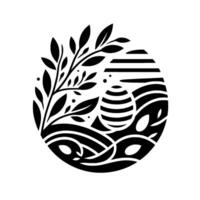 Minimalist Easter Illustration Striped egg nested amidst stylized landscape within a circle, with a black and white leafy branch. vector
