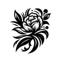 Intricate Black and White Floral A symmetrical, illustration of a stylized flower with layered petals and detailed foliage, on a clean, white background, creating a balanced and elegan vector
