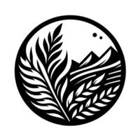 Black and white stylized circular featuring mountain silhouettes, wheat, and leaves, set against a white background. vector