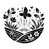 Silhouette of a blossoming field with butterflies and flowers, sunshine in a circular , a beautiful black and white illustration. vector