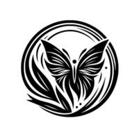 A symmetrical, stylized black butterfly emblem within a circular frame, adorned with organic motifs, evoking harmony, balance, and elegance. vector