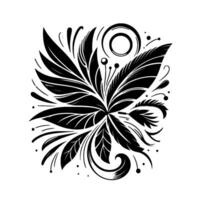 A symmetrical black and white floral , showcasing ornate leaves, stylized details, and a circular motif set against a pristine white background. vector
