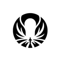 A minimalist, stylized featuring a small human figure positioned in the center, encompassed by a circular, black, abstract resembling wings or an opening. vector