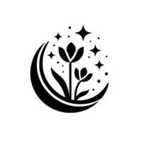 A stylized monochrome emblem featuring a crescent moon encompassing two blossoming flowers and sparkling stars and dots, evoking tranquility. vector
