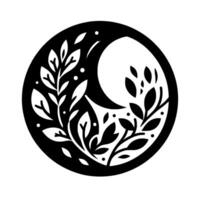 Crescent Moon and Foliage Silhouette in Circle, Black and White Decorative Symbol. vector