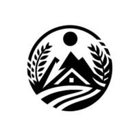 A minimalist black and white circular depicting a cabin nestled amidst rolling fields, mountains, and wheat stalks under a sun, symbolizing rural life. vector