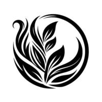Elegant Black and White Floral Crest Stylized Leaves and Serpentine Elements Within a Circular Frame, Minimalist . vector