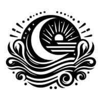 Stylized Black and White Celestial Illustration of Crescent Moon, Sun, and Ocean Waves, Forming a Circular . vector
