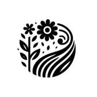 Monochromatic botanical emblem stylized flowers, leaves, and flowing lines within a circular frame, evoking natures harmony. vector
