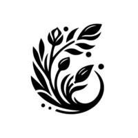 A symmetrical, black and white floral , featuring stylized leaves, buds, and a curved element, against a stark white backdrop, resembling a decorative motif. vector