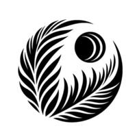 A stylized YinYang symbol featuring fernlike leaves and a crescent moon, rendered in a minimalist black and white , embodying balance and harmony. vector