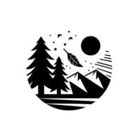 Stylized monochrome illustration Forest scene in a circle featuring pine trees, mountains, sun, feather, and birds. vector