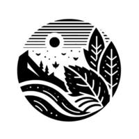 A black and white circular illustration depicting a serene landscape with a mountain silhouette, a stylized sun behind horizontal lines, floating elements and large stylized leaves. vector